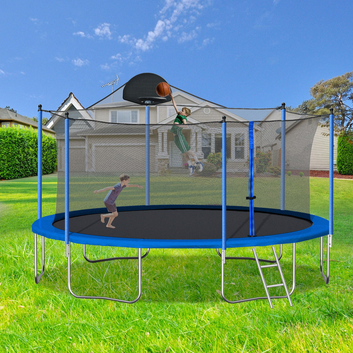 14Ft Trampoline For Adults & Kids With Basketball Hoop, Outdoor Trampolines With Ladder And Safety Enclosure Net For Kids And Adults - Blue, photo 14 of 15