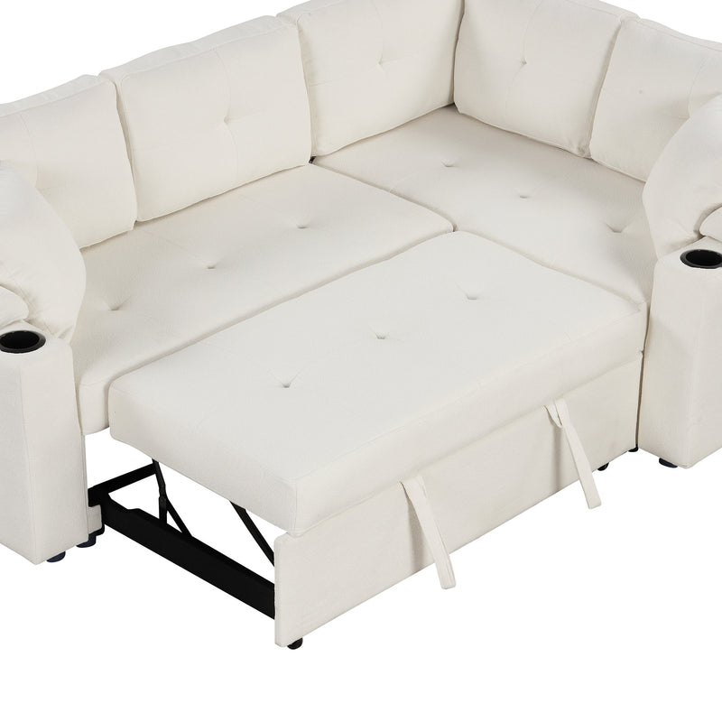 87.4" L-shape Sofa Bed Pull-out Sleeper Sofa with Wheels, USB Ports, Power Sockets for Living Room, Beige