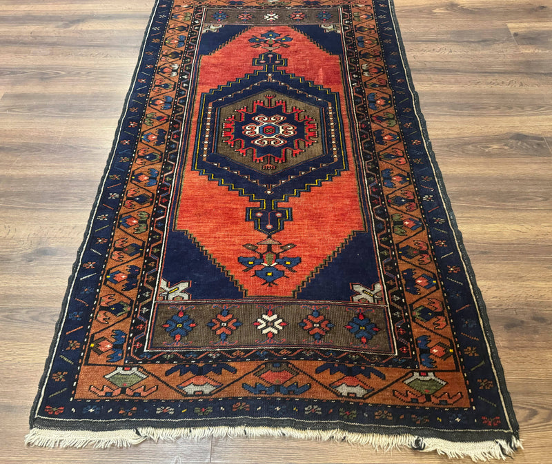 Persian Rug 3x6, Geometric Medallion, Village Tribal Rug, Terracotta and Navy Blue, Antique Nahavand Hamadan Rug