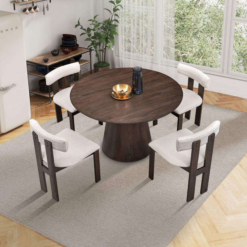 (1 Table with 4 Chairs)Wooden Dining Table Set, Modern Round MDF Kitchen Table and Boucle Upholstered Dining Chairs for Dining Room, Kitchen, Saving Space, Brown