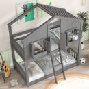 House Bunk Bed With Roof, Window, Window Box, Door, With Safety Guardrails And Ladder by Unique Piece Furniture