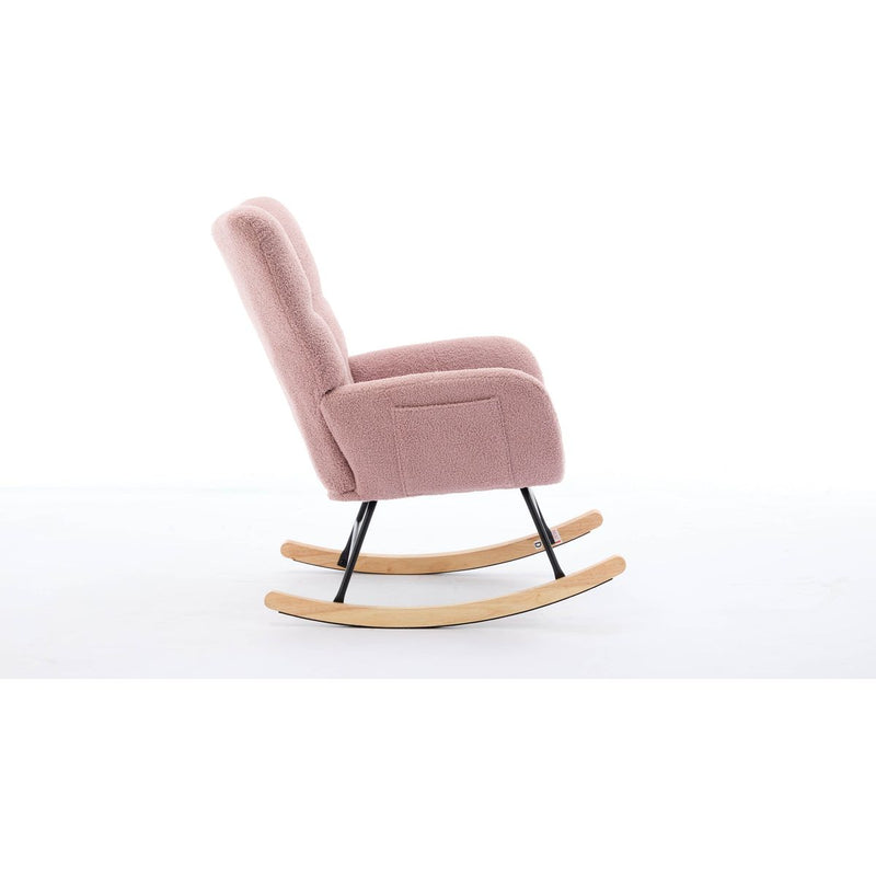 Modern Nursery Rocking Chair Upholstered Glider Chair with High Backrest Rocker Accent Armchair with Solid Wood Legs for Nursery Bedroom Living Room Teddy(Pink)