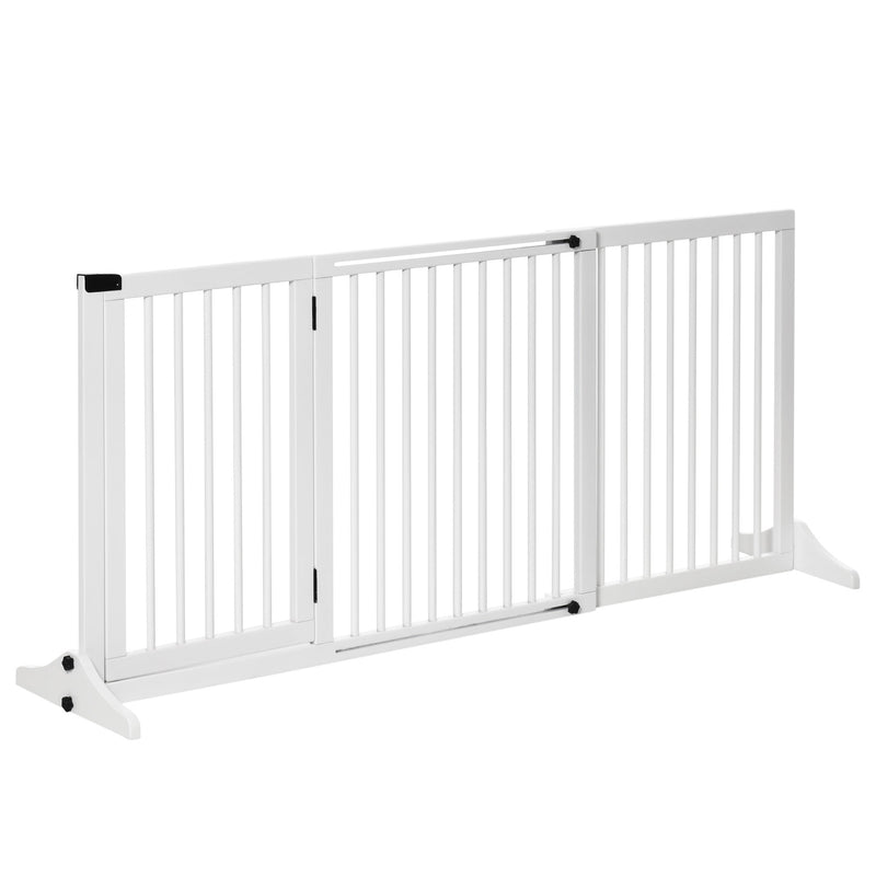 Adjustable Wooden Pet Gate, Freestanding Dog Fence for Doorway, Hall, 3 Panels w/ Safety Barrier, Lockable Door, White, 44.5"-65.25" L x 14.25" H