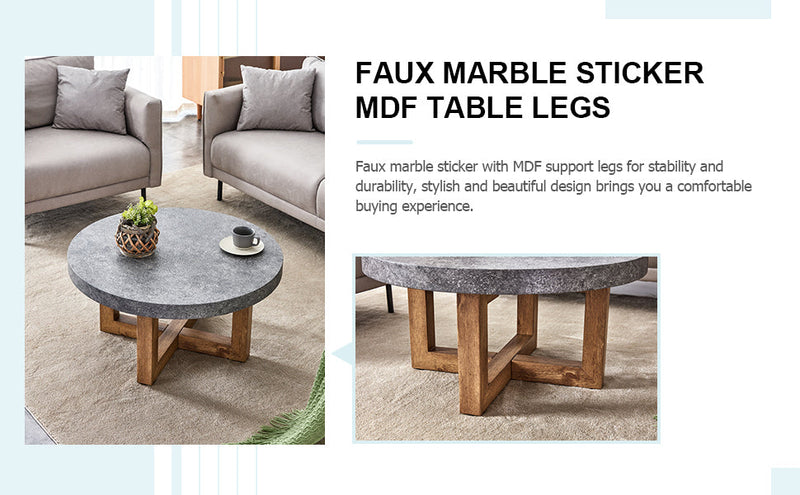 A modern retro circular coffee table with a diameter of 31.4 inches, made of MDF material, suitable for living rooms