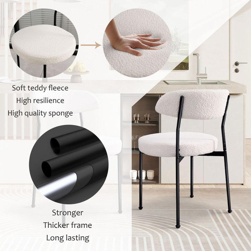Boucle Upholstered Dining Chairs with Curved Backrest & Metal Legs Set of 2, Beige