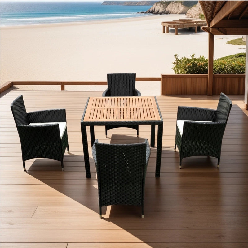 Walker Edison | 5 piece Outdoor Patio Wicker Dining Set Patio Wicker Furniture Dining Set w/Acacia Wood Top Black Wicker + Creme Cushion