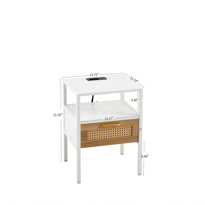 15.75" Rattan End table with Power Outlet & USB Ports, Modern nightstand with drawer and metal legs, side table for living room, bedroom,white(1 PC)
