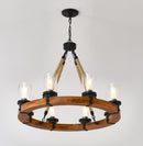 8 Light Rustic Wagon Wheel Chandelier, 31" Wooden Pendant Light with Seeded Glass Shade