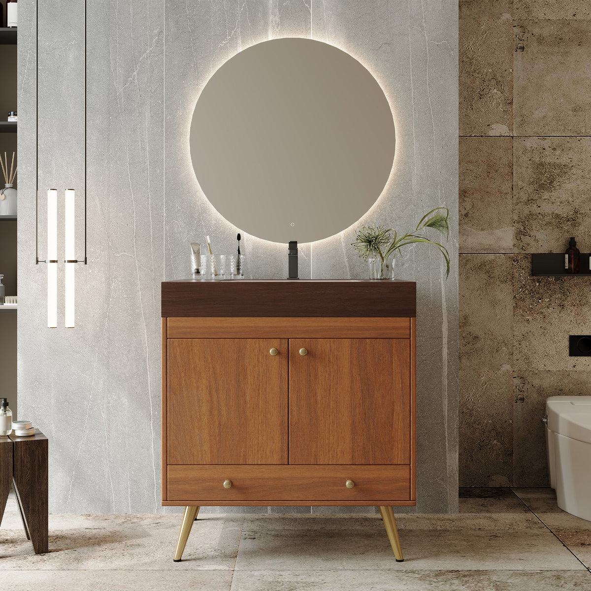Mid-Century Free-Standing Bathroom Vanity with Faux Marble Top, photo 2 of 10