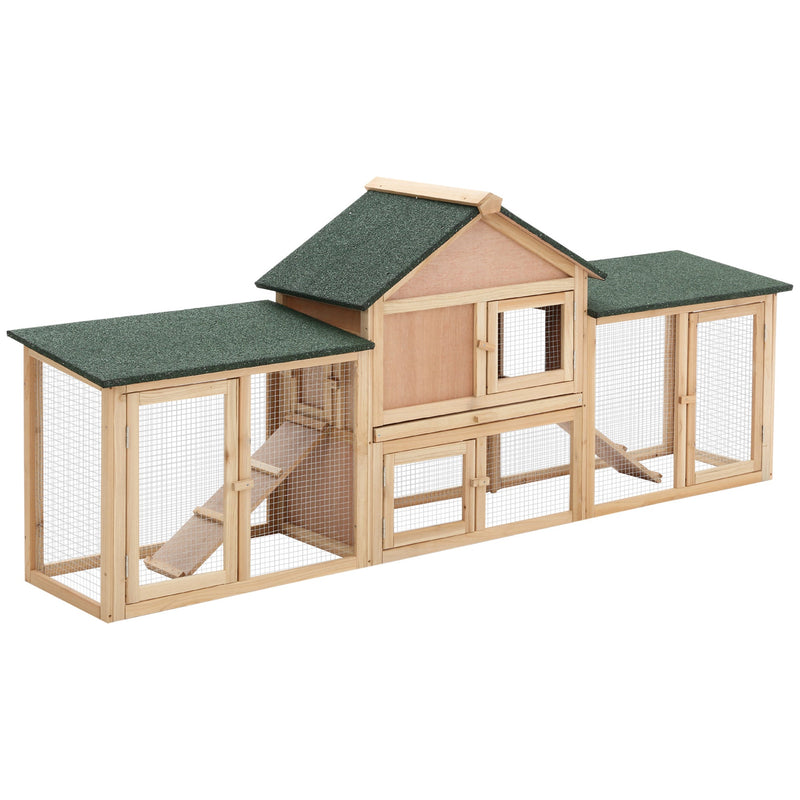 83"L Outdoor Rabbit Hutch, Guinea Pig Cage Indoor Outdoor Wooden Bunny Hutch with Double Runs, Weatherproof Roof, Removable Tray, Ramps, Natural