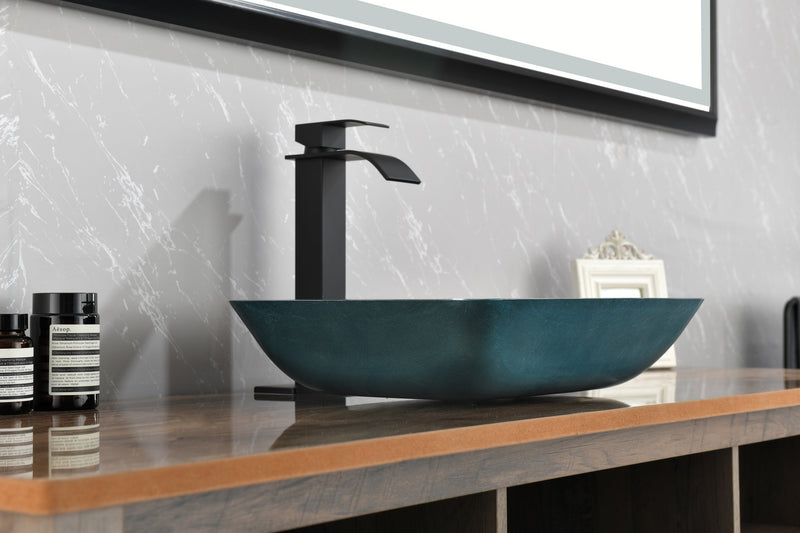 18.125" L -13.0" W -12.0" H Handmade Countertop Glass Rectangular Vessel Bathroom Sink Set in Blue Glass with Matte Black Single-Handle Single Hole Faucet and Pop Up Drain
