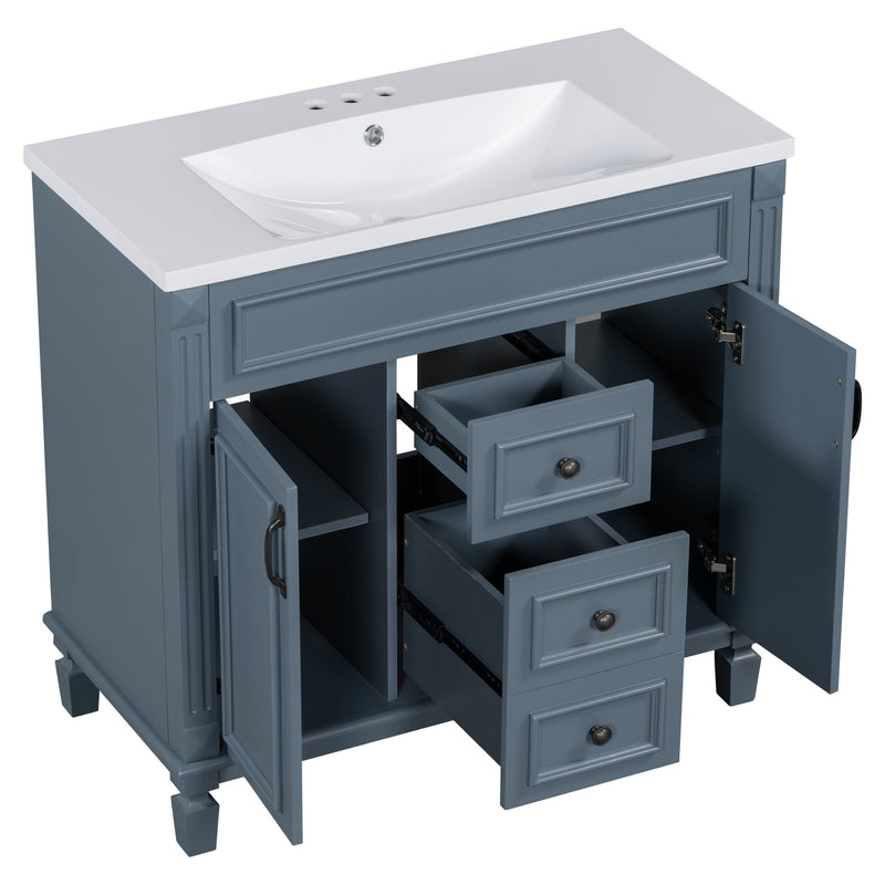 36" Bathroom Vanity with Top Sink, Royal Blue Mirror Cabinet, Modern Bathroom Storage Cabinet with 2 Soft Closing Doors and 2 Drawers, Single Sink Bathroom Vanity