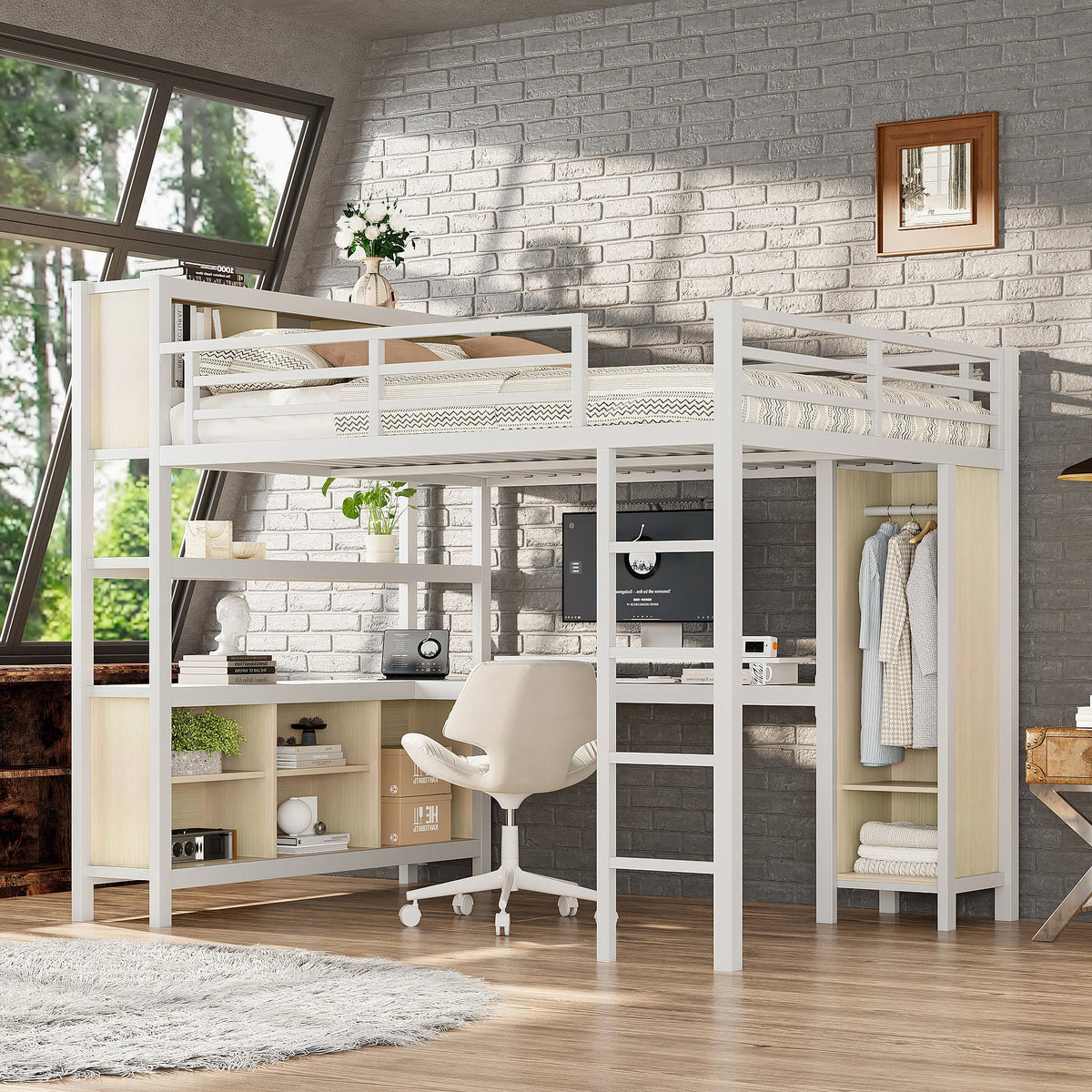 Metal Loft Bed with Wardrobe and L-Shaped Desk, photo 2 of 10