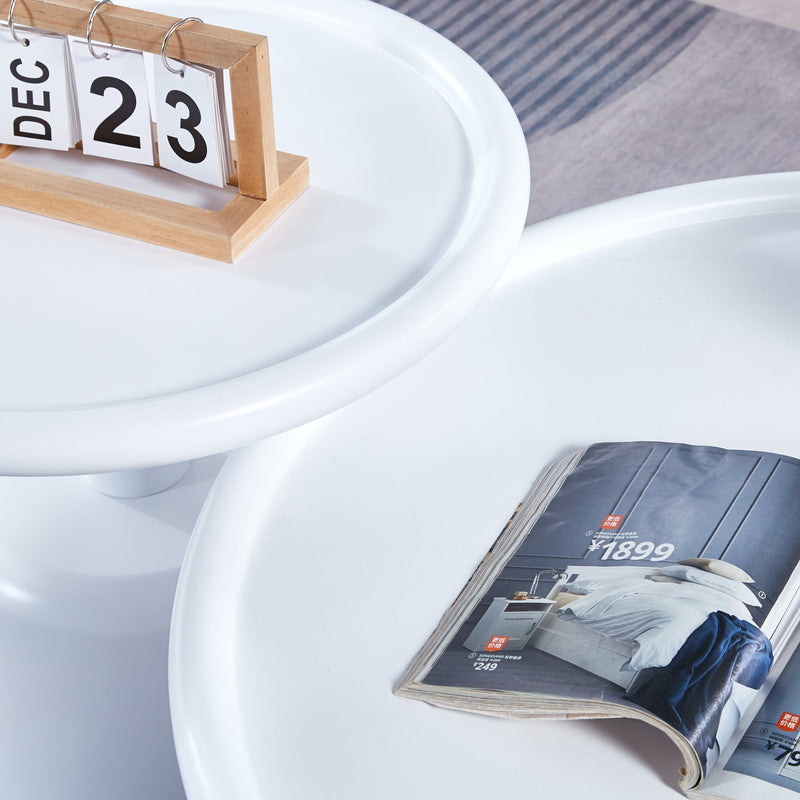 2 Pieces White MDF Round Coffee Table Set for Living Room, Bedroom