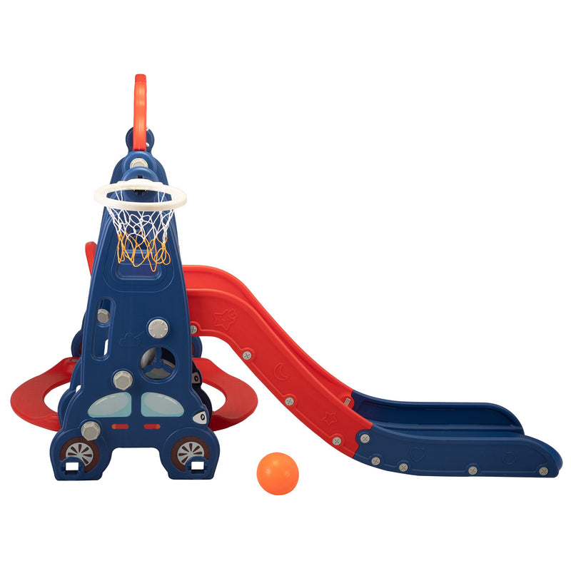 3 In 1 Slide and Swing Set with Basketball Hoop for 1-8 Years Old Children Indoor and Outdoor, Red & Blue