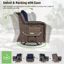 5 Pieces Outdoor Patio Furniture Set with Pet House Cool Bar and Retractable Side Tray, Rattan Wicker Patio Swivel Rocking Chairs Set of 2 with Ottomans for Backyard, Porch, Balcony, Navy Blue