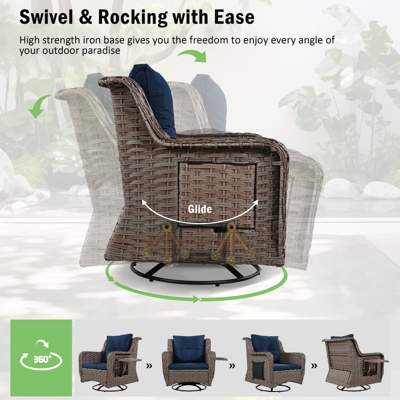 5 Pieces Outdoor Patio Furniture Set with Pet House Cool Bar and Retractable Side Tray, Rattan Wicker Patio Swivel Rocking Chairs Set of 2 with Ottomans for Backyard, Porch, Balcony, Navy Blue