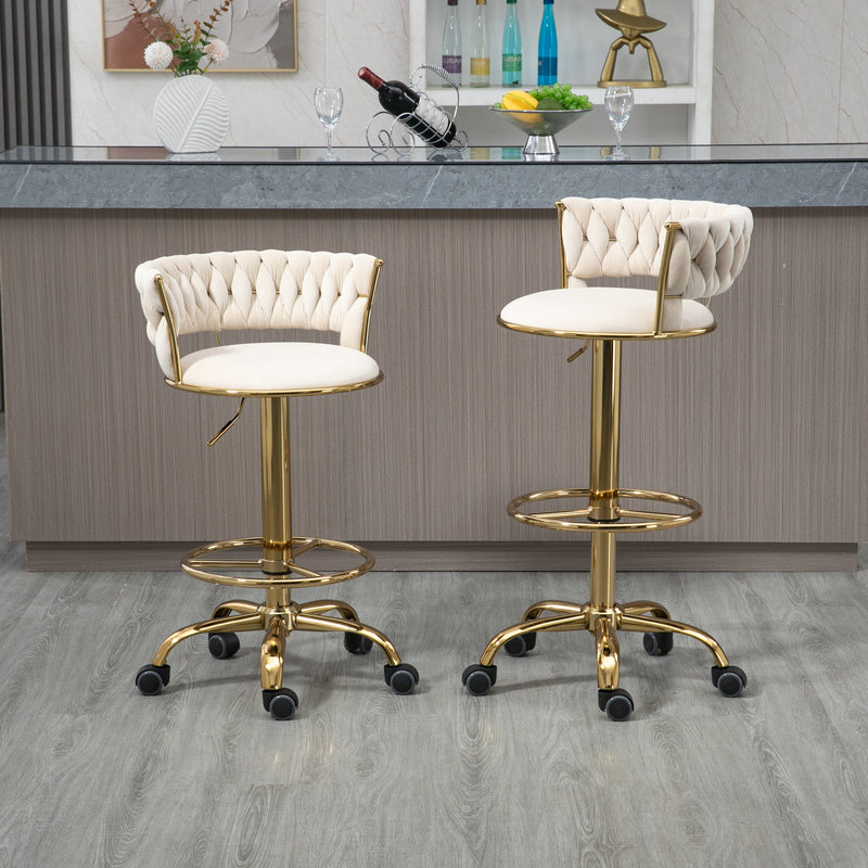 360 Adjustable Barstools Set of 2, Ergonomic Drafting Chair with Round Footrest and Backrest, Swivel Rolling Wheels for Spa, Studio, Classroom, Lab, Counter, Salon, Ivory