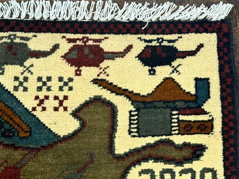 Afghan War Rug, Helicopters Tanks Guns, Handmade, Wool, 2x3