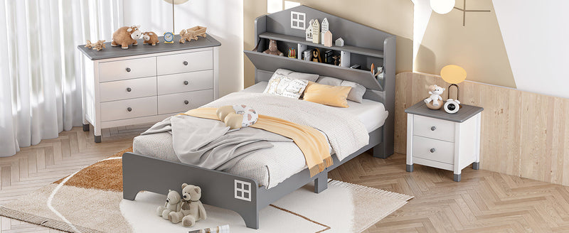 3-Pieces Bedroom Sets Twin Size House Bed with Storage Headboard, Wooden Nightstand and Storage Dresser,Gray
