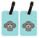 Checkerboard Blue Silver Gray Poodle Luggage Tag