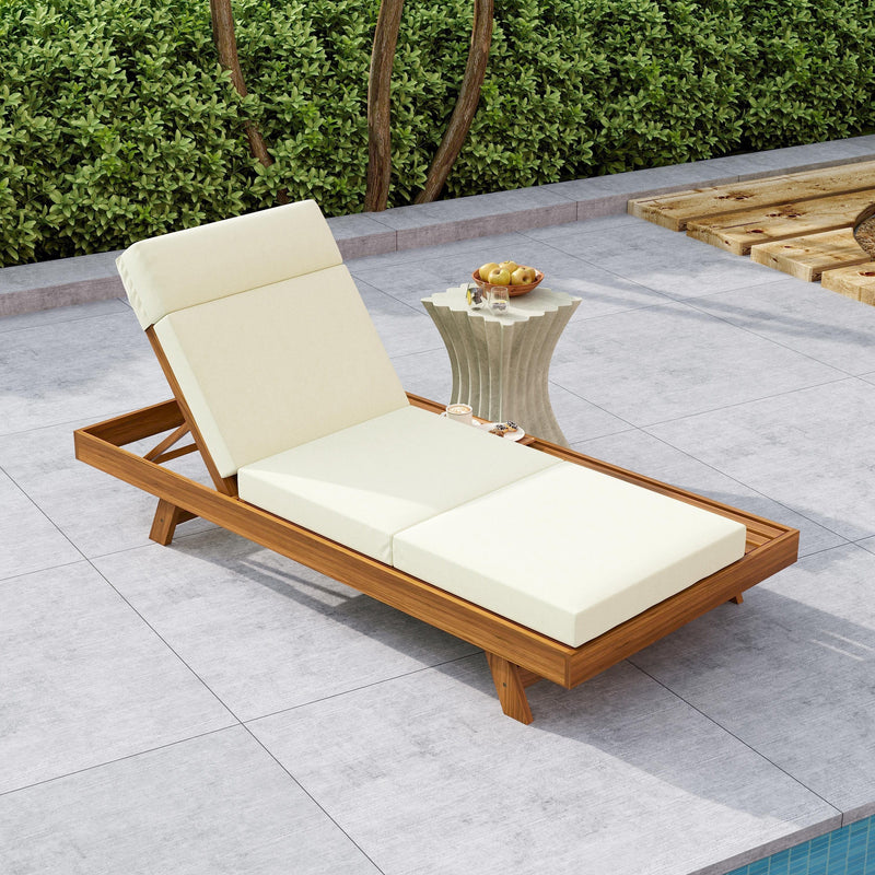 Acacia Wood Lounge Chaise Set with Headrest and Water-Resistant Cushions in Beige