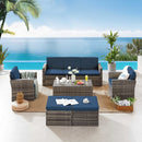 6 Pieces Wicker Patio Furniture Sets Outdoor Conversation Set PE Rattan Sectional Sofa Couch with Storage Table and Navy Blue Anti-Slip Cushions and Waterproof Covers