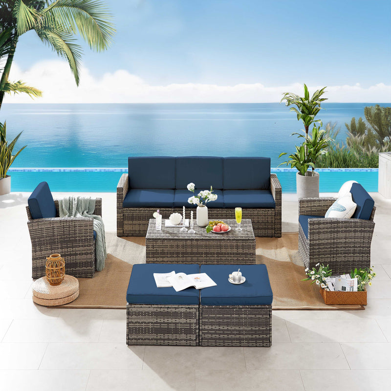 6 Pieces Wicker Patio Furniture Sets Outdoor Conversation Set PE Rattan Sectional Sofa Couch with Storage Table and Navy Blue Anti-Slip Cushions and Waterproof Covers