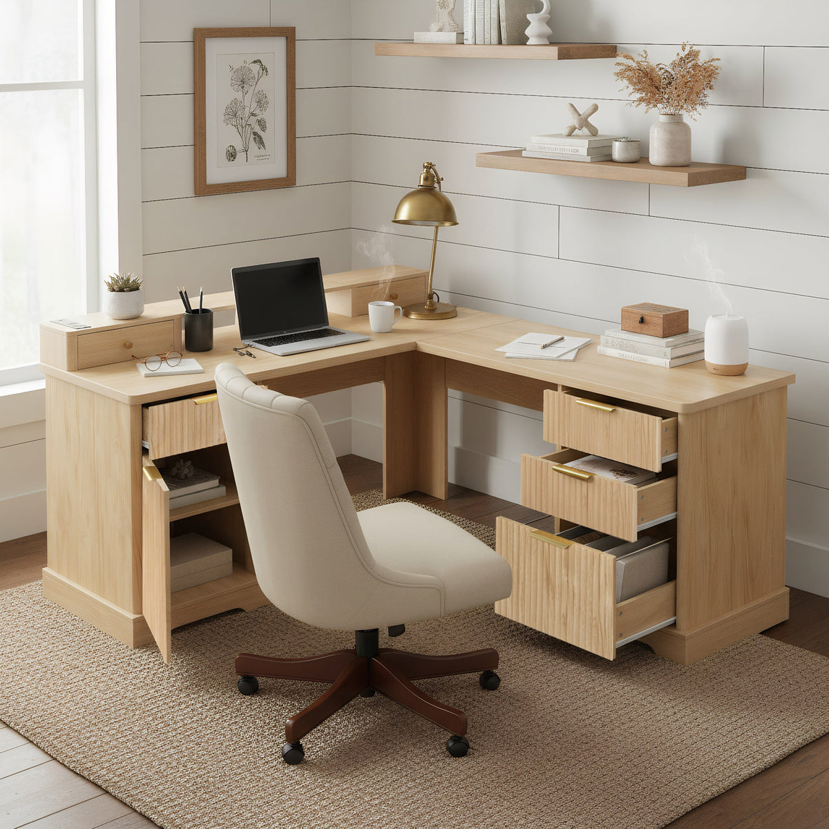 59" Modern Fluted L-Shaped Desk with Charging Station & Storage, photo 4 of 10