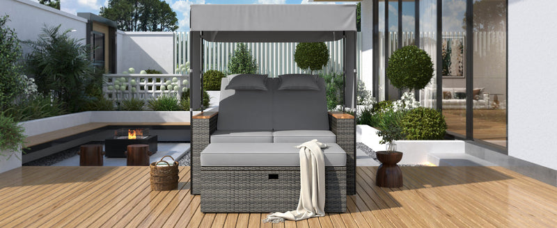 2-Piece Rattan Outdoor Patio Bench Lounge Roof Set, Effective UV Protection Fabric & Waterproof Cushions and Adjustable Backrest for Garden, Backyard and Porch (Grey Wicker + Grey Fabric)