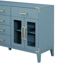 6-drawer and 2-Cabinet Retro Sideboard with Extra Large Storage Space, with Gold Handles and Solid Wood Legs, for Kitchen and Living Room (Antique Blue)
