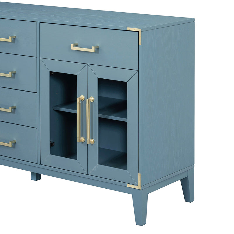 6-drawer and 2-Cabinet Retro Sideboard with Extra Large Storage Space, with Gold Handles and Solid Wood Legs, for Kitchen and Living Room (Antique Blue)
