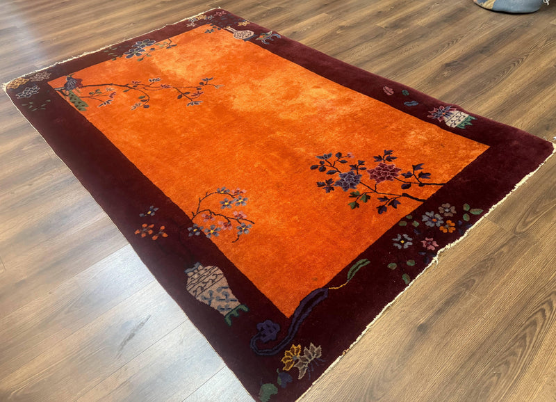 Chinese Art Deco Rug 5x8, Antique Chinese Wool Rug, Nichols Rug, Rare Chinese Carpet, Orange and Purple-Maroon