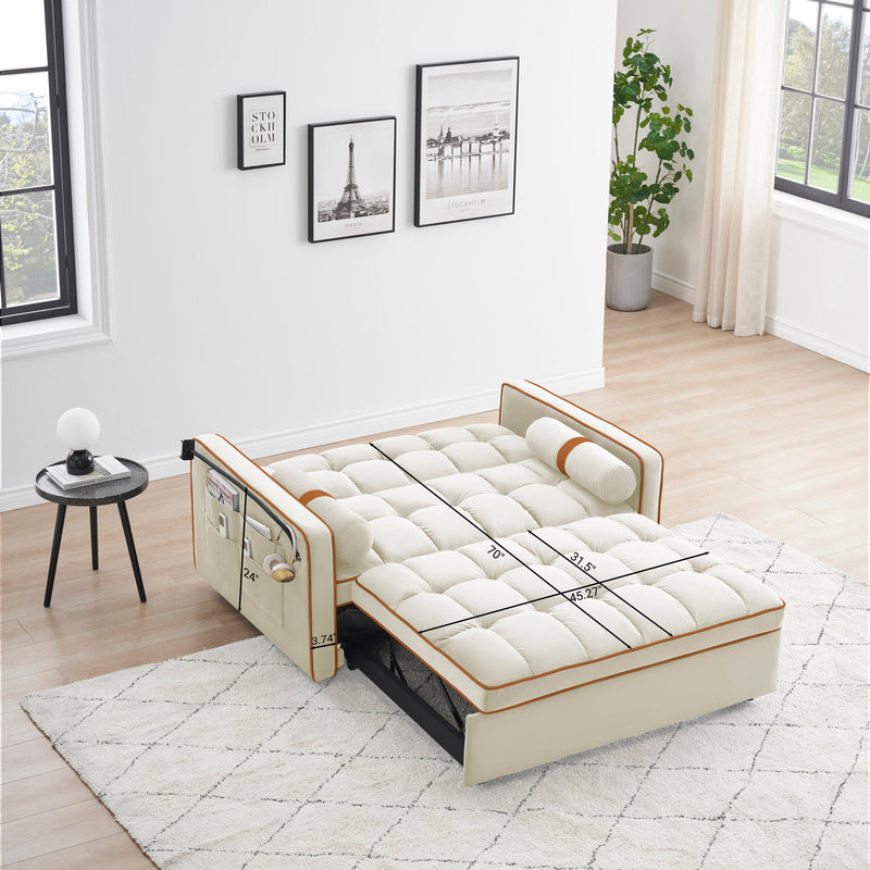 Sleeper Sofa Couch w/Pull Out Bed, 55" Modern Velvet Convertible Sleeper Sofa Bed, Small Love seat Sofa Bed w/Pillows & Side Pockets for Small Space, Living Room, Apartment,Beige