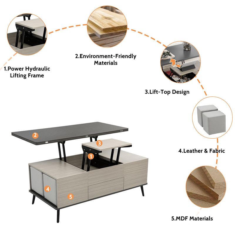 5 Pieces Lift Top Coffee Table Set with Storage Convertible Dining Table with Ottomans