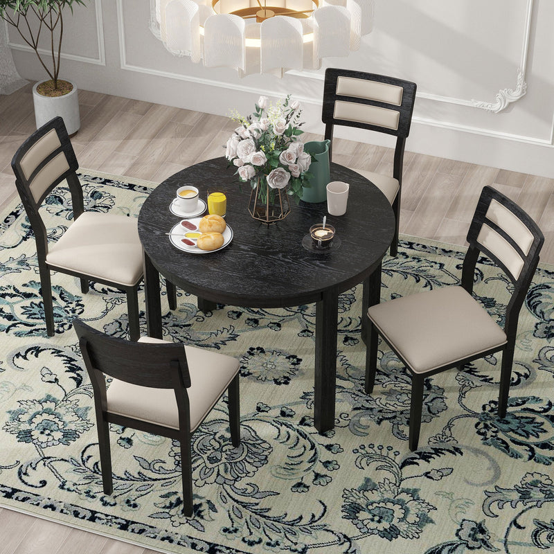 5-Piece Multifunctional Dining Table Set, Farmhouse Dining Set with Extendable Round Table,Two Small Drawers and 4 Upholstered Dining Chairs for Kitchen and Dining Room (Black)