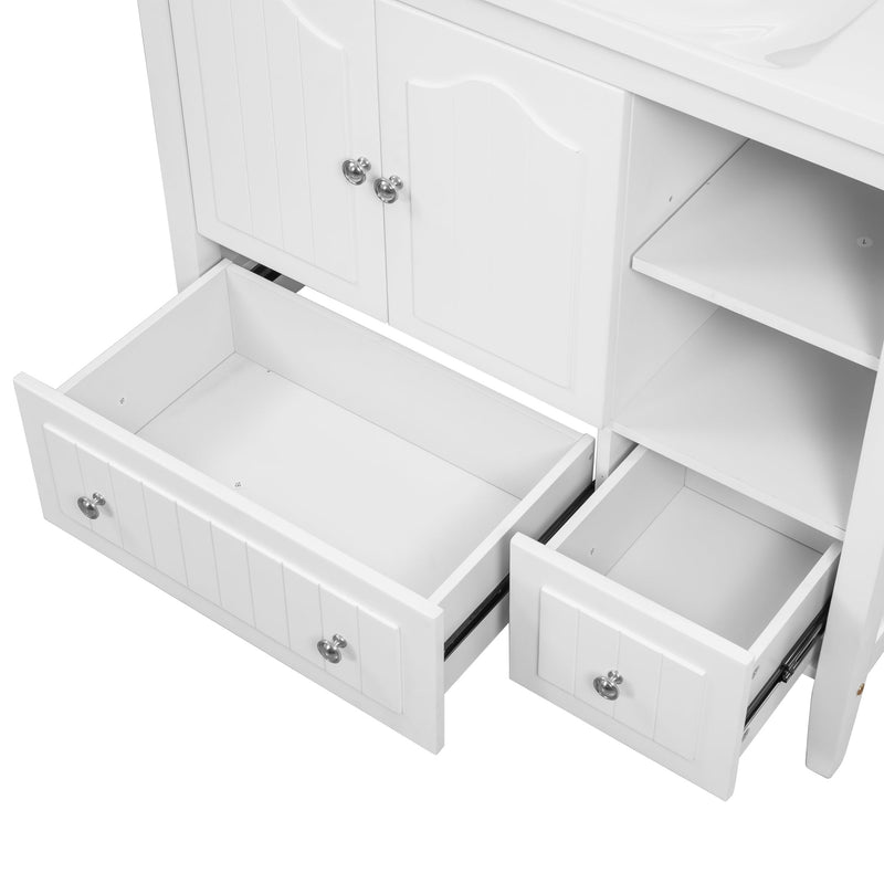 36" Bathroom Vanity with Ceramic Basin, Bathroom Storage Cabinet with Two Doors and Drawers, Solid Frame, Metal Handles, White