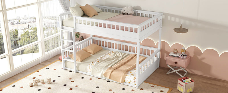 Queen over Queen Bunk Bed with Ladder and Guardrails, White