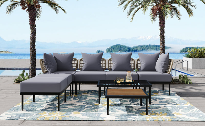 8-Piece Patio Sectional Sofa Set with Tempered Glass Coffee Table and Wooden Coffee Table for Outdoor Oasis, Garden, Patio and Poolside (Light Grey Cushion + Black Steel)