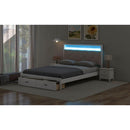 Wood Queen Size Platform Bed with Upholstered Headboard and LED and 2 Drawers, Antique White