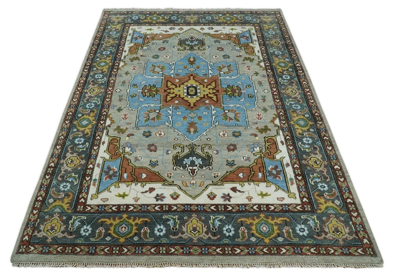 Traditional Heriz Blue, silver, Charcoal and Ivory Hand Knotted Multi size wool Area Rug