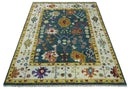 Wool Hand Knotted Oushak Area Rug with Traditional Floral Teal Ivory Mustard Color by The Rug Decor