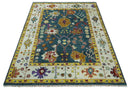 Traditional Floral Teal, Ivory and Mustard Hand Knotted Oriental Oushak Multi Size wool Area Rug