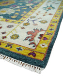 Wool Hand Knotted Oushak Area Rug with Traditional Floral Teal Ivory Mustard Color by The Rug Decor