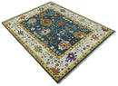 Traditional Floral Teal, Ivory and Mustard Hand Knotted Oriental Oushak Multi Size wool Area Rug