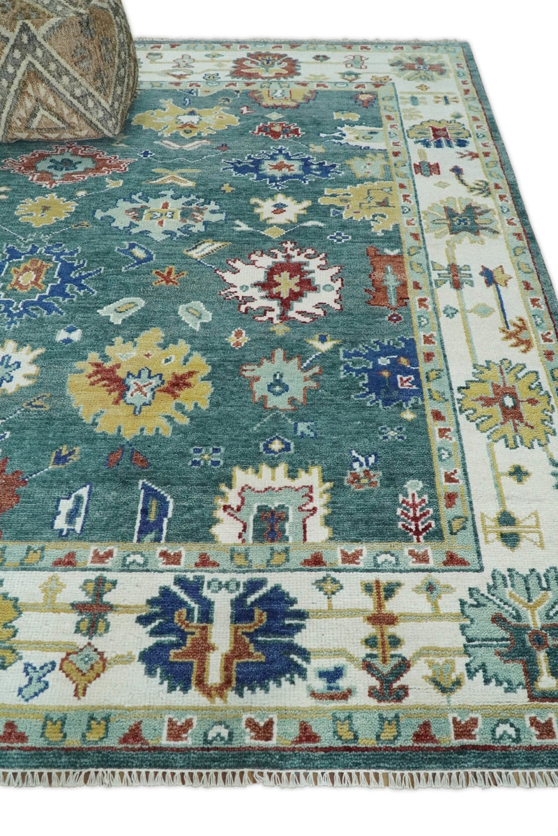 8x10 All Wool Traditional Persian Blue Teal and Ivory Vibrant Colorful Hand knotted Oushak Area Rug