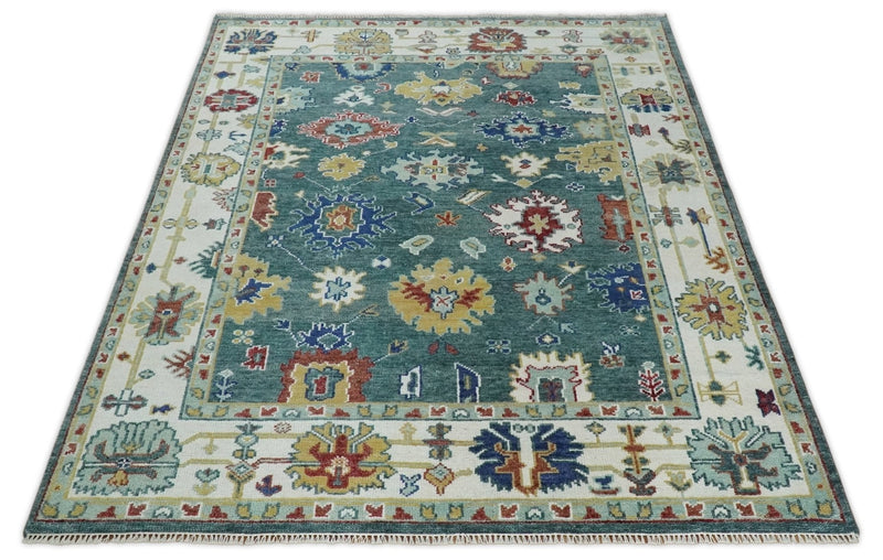 8x10 All Wool Traditional Persian Blue Teal and Ivory Vibrant Colorful Hand knotted Oushak Area Rug