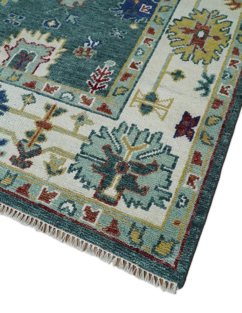 8x10 All Wool Traditional Persian Blue Teal and Ivory Vibrant Colorful Hand knotted Oushak Area Rug