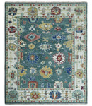 8x10 All Wool Traditional Persian Blue Teal and Ivory Vibrant Colorful Hand knotted Oushak Area Rug
