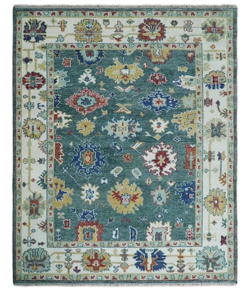 8x10 All Wool Traditional Persian Blue Teal and Ivory Vibrant Colorful Hand knotted Oushak Area Rug